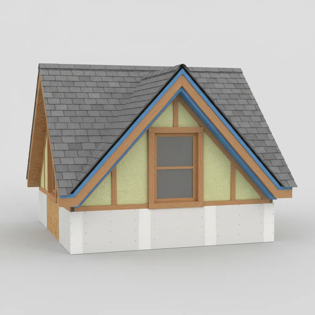 cutaway diagram of dormer roof insulation layers including rigid foam and cavity insulation