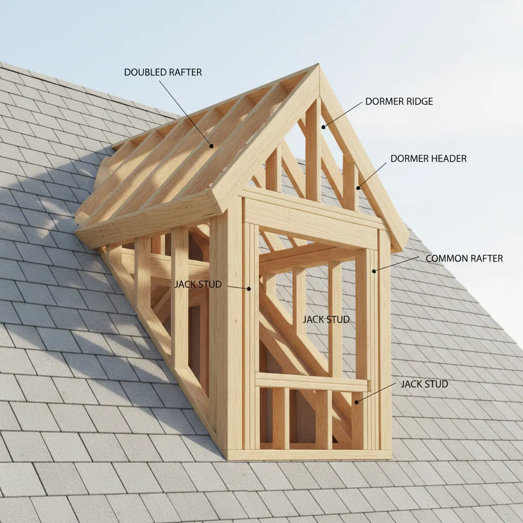 roof dormer framing showing headers trimmer rafters and load paths