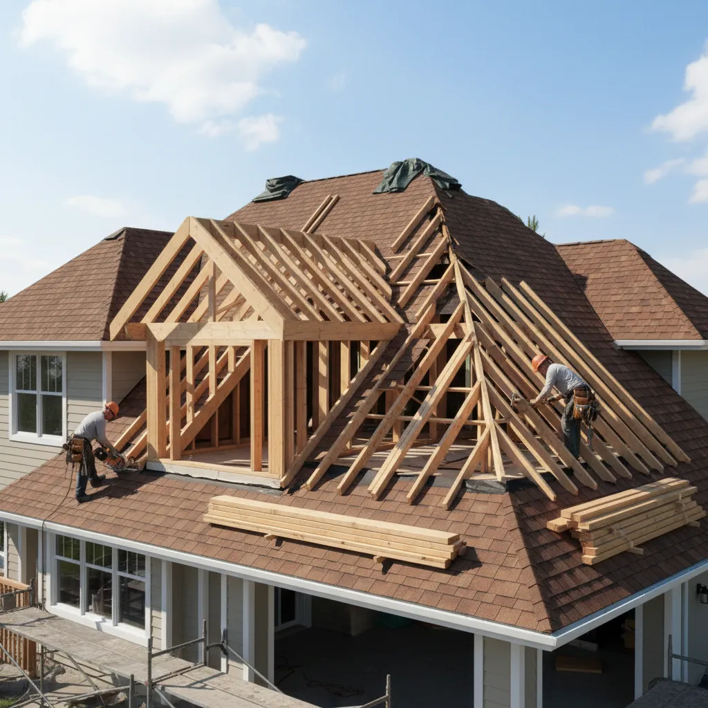 Dormer framing being built on an open roof during residential renovation