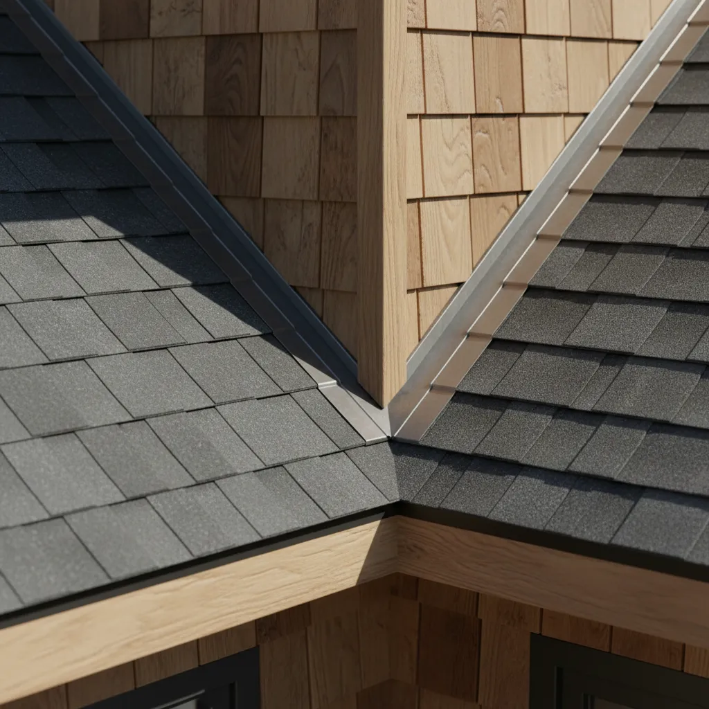 Close view of step flashing installation where dormer wall meets roof shingles