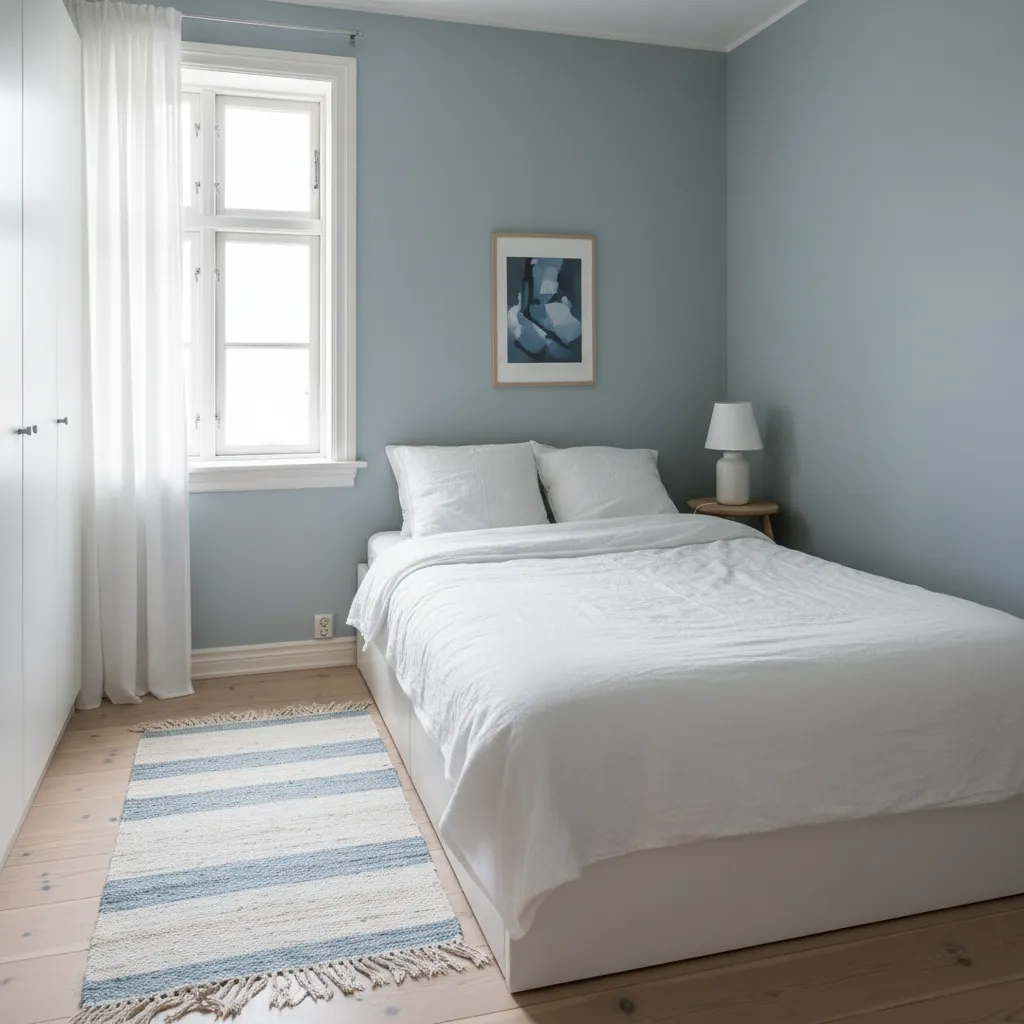 Small bedroom with light blue walls white bed white curtains wooden floor blue striped rug