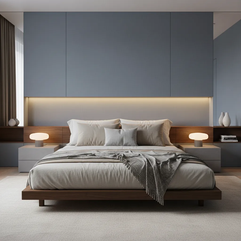 Recámara con paredes azul grisáceo y decoración neutra