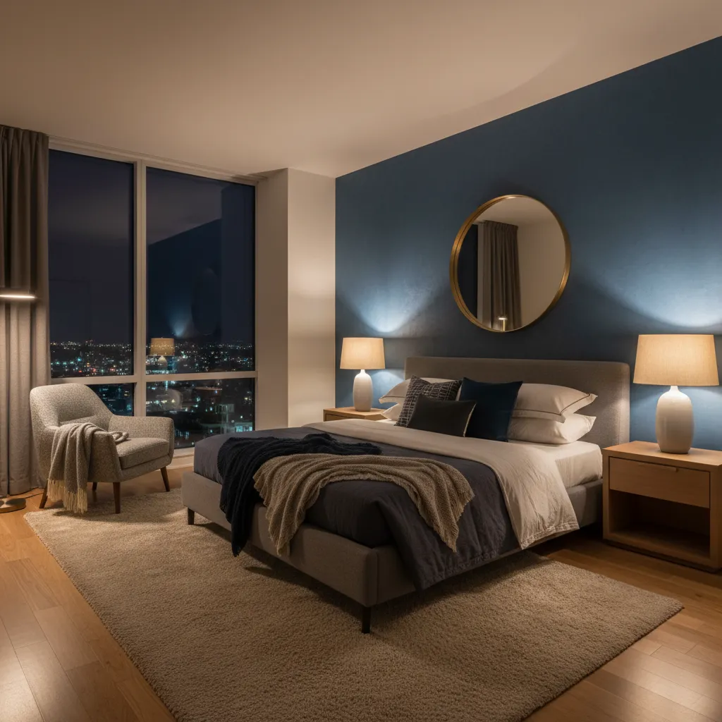 Dormitorio azul con iluminación cálida y textiles beige