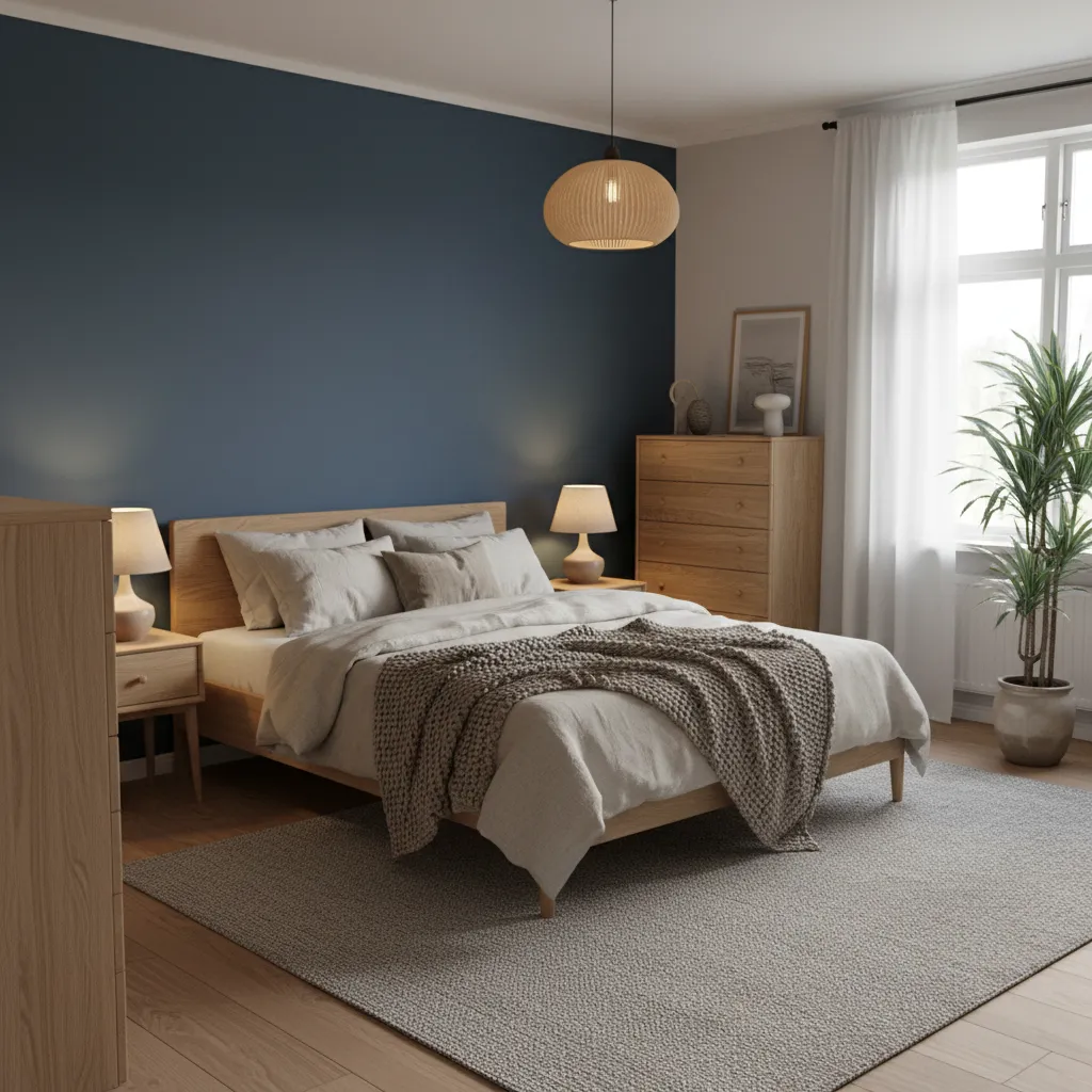 Dormitorio azul combinado con muebles de madera natural