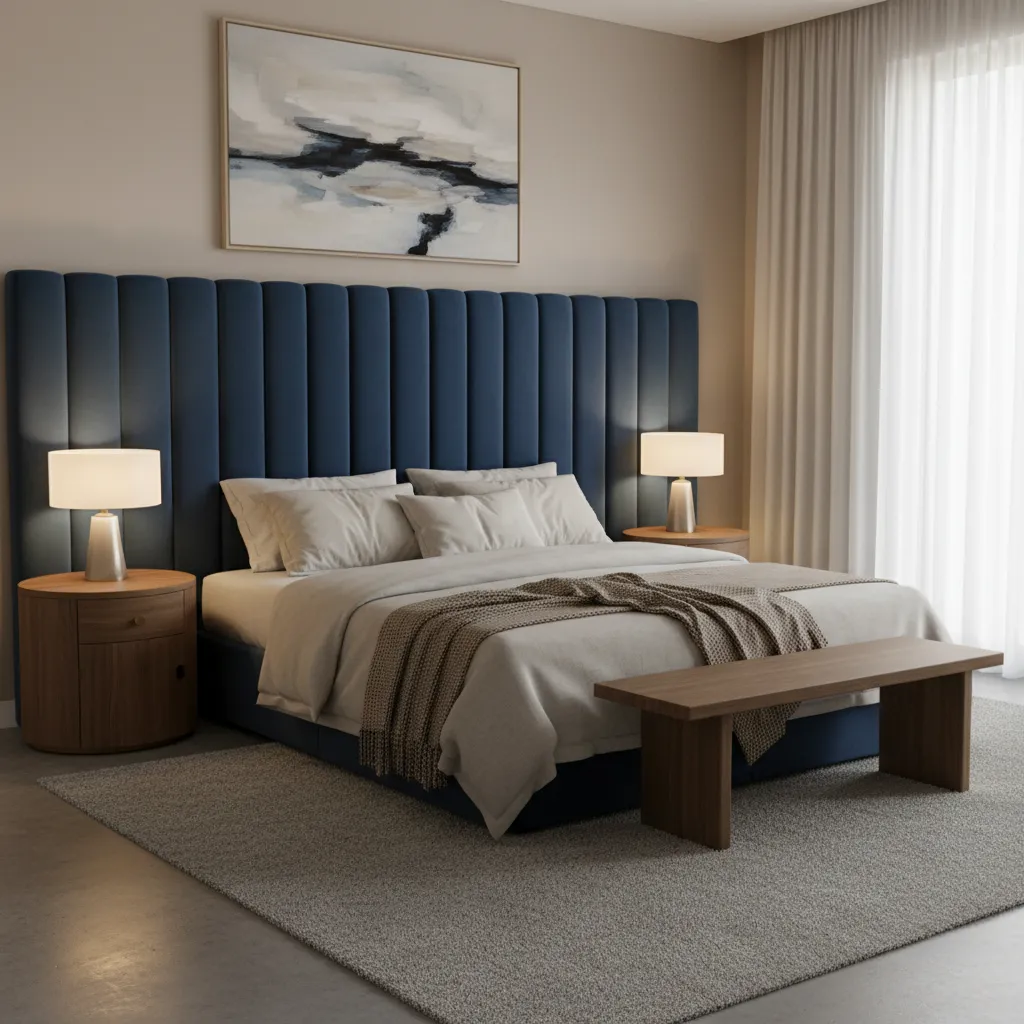 Dormitorio moderno con cabecero azul y textiles neutros