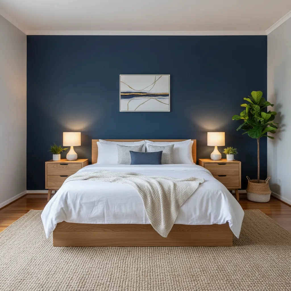 Dormitorio con pared de acento azul marino detrás de la cama
