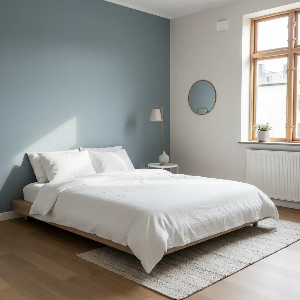 Minimalist bedroom with blue wall white bed wooden floor round mirror and large bright window