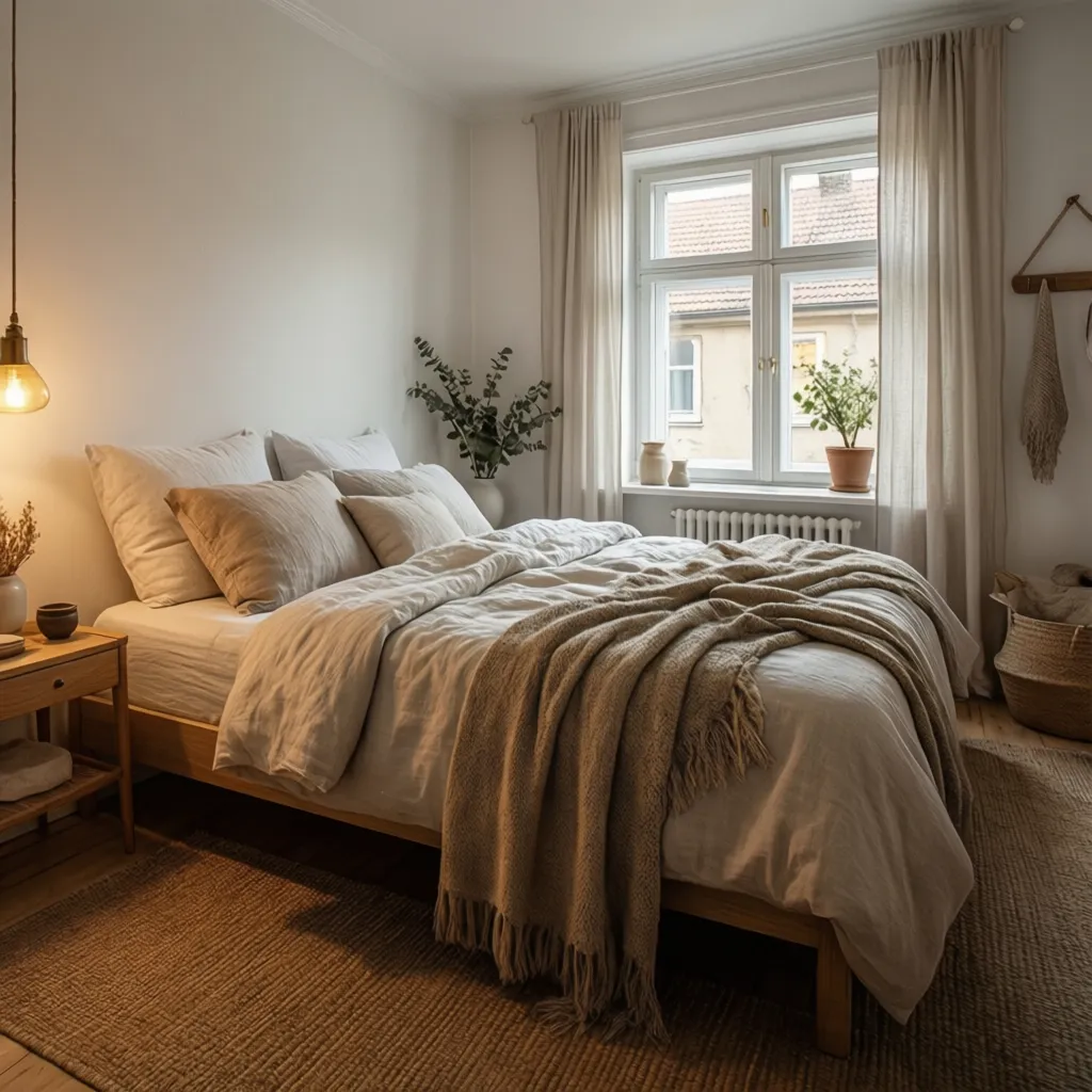 Dormitorio blanco con iluminación cálida y textiles naturales