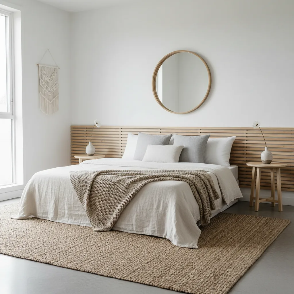 Dormitorio blanco con cabecero de madera clara y decoración minimalista