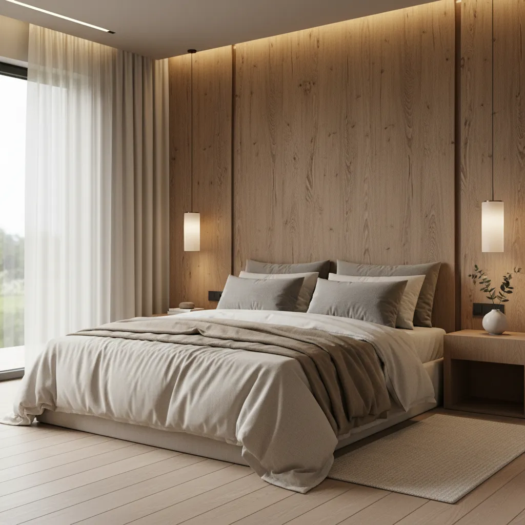 Dormitorio moderno con cabecero de madera natural