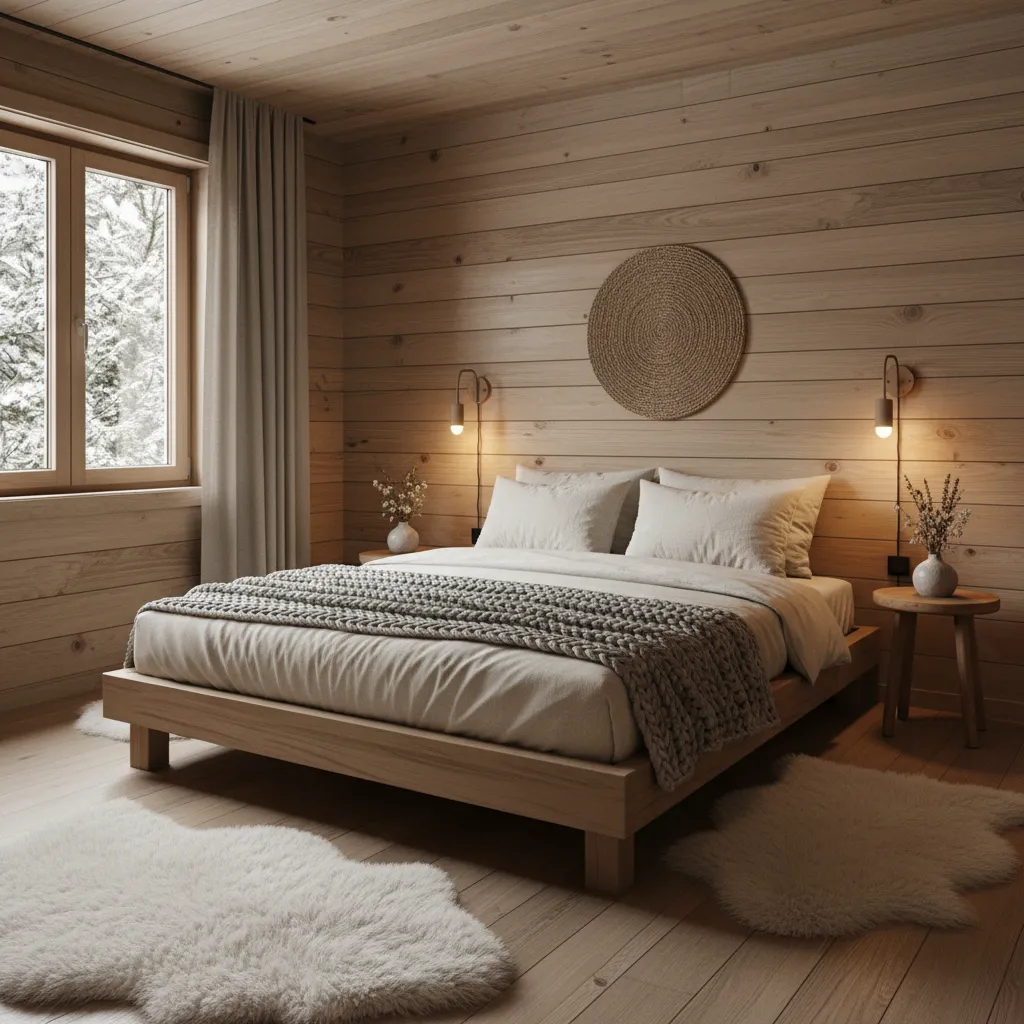 Dormitorio acogedor dentro de una casa de madera con decoración minimalista