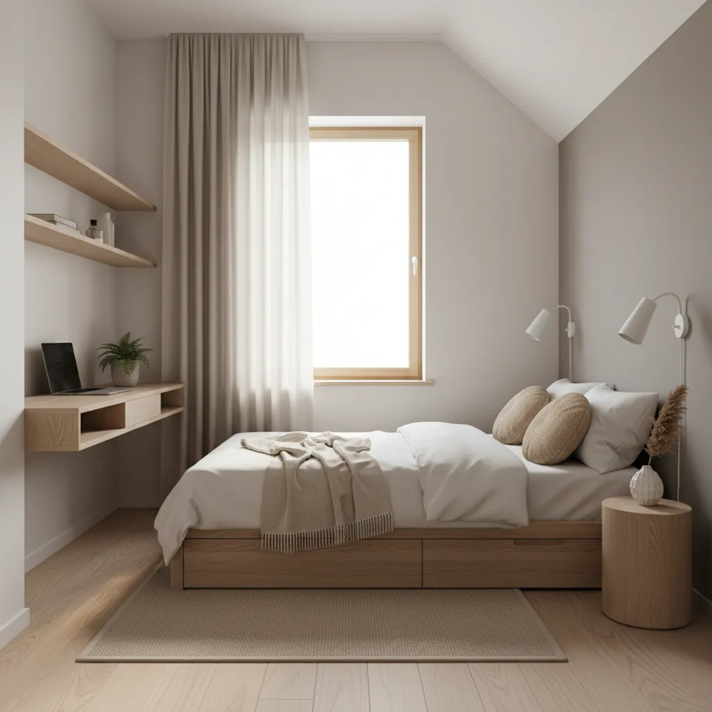 Dormitorio minimalista en la segunda planta de una casa pequeña