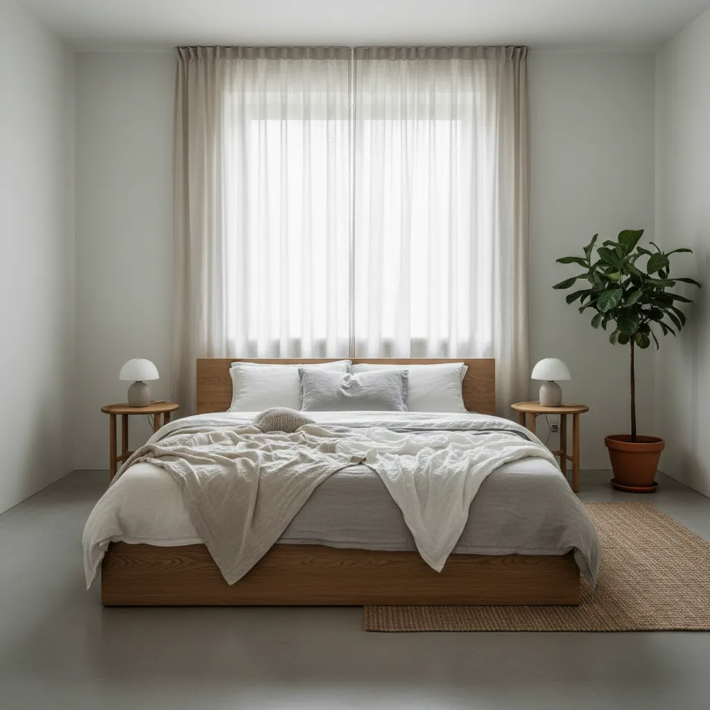 Simple bedroom with wooden bed white bedding two side tables small lamps and indoor plant