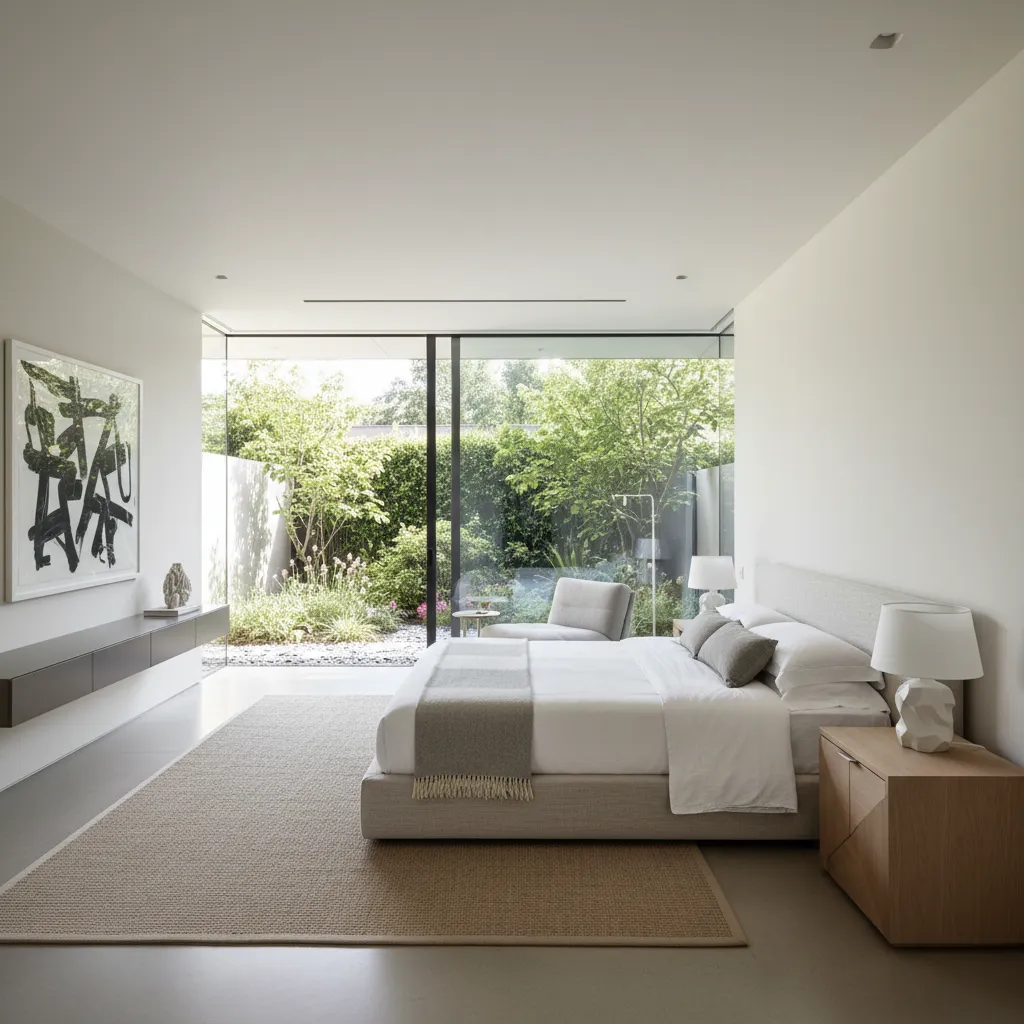 Dormitorio principal luminoso en casa moderna de una sola planta