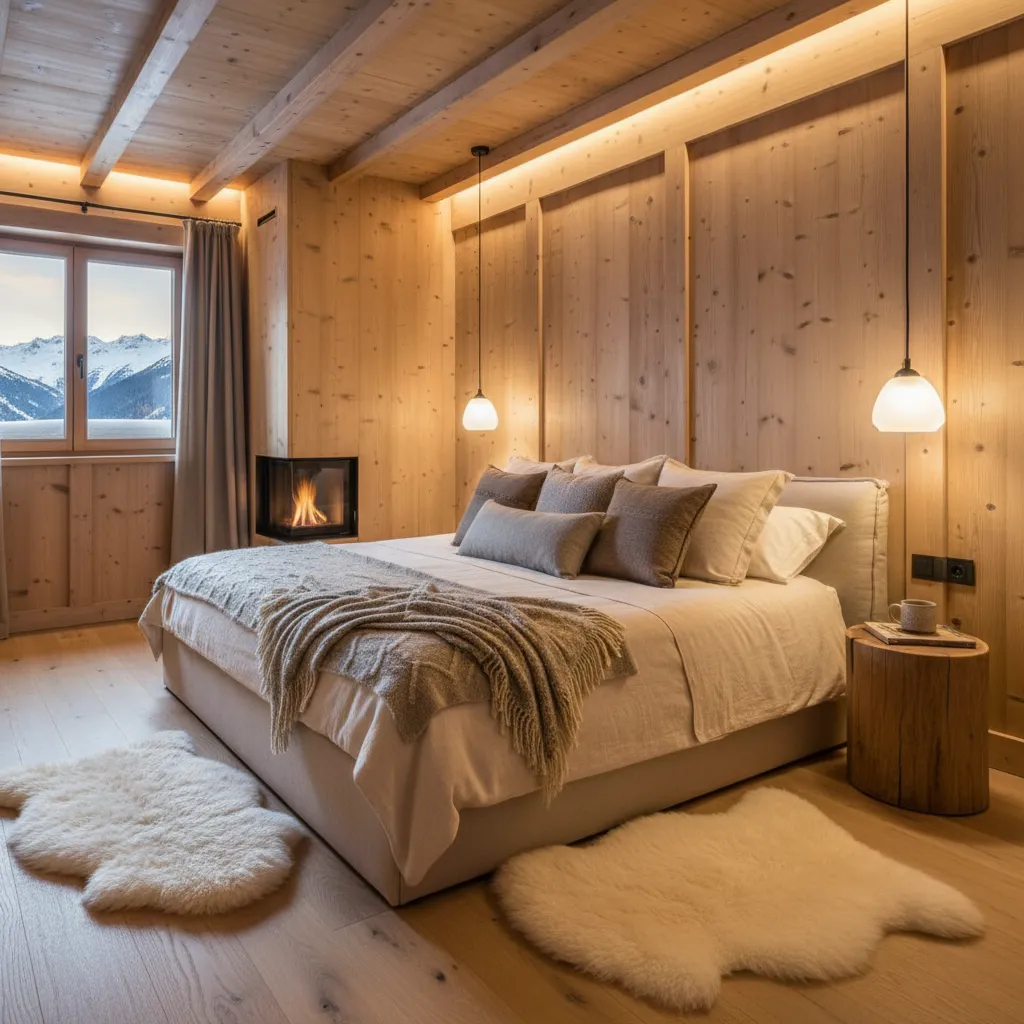 Dormitorio acogedor en casa de montaña con madera clara