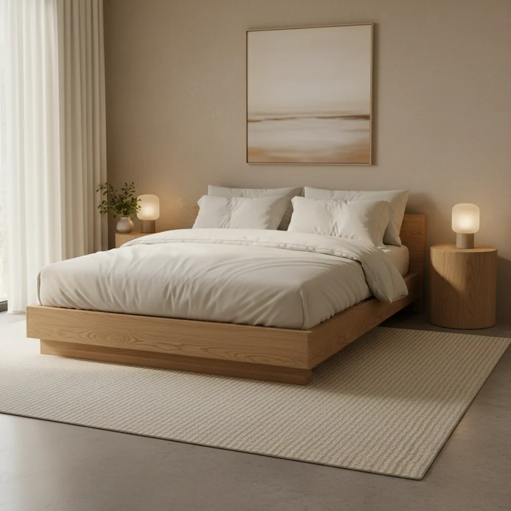 Neutral bedroom with wooden bed beige wall art two table lamps and one soft rug