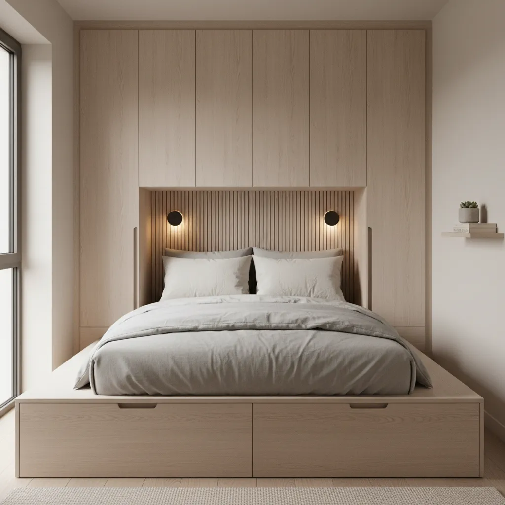 Compact bedroom with wood wall panel platform bed storage drawers two wall lights and window
