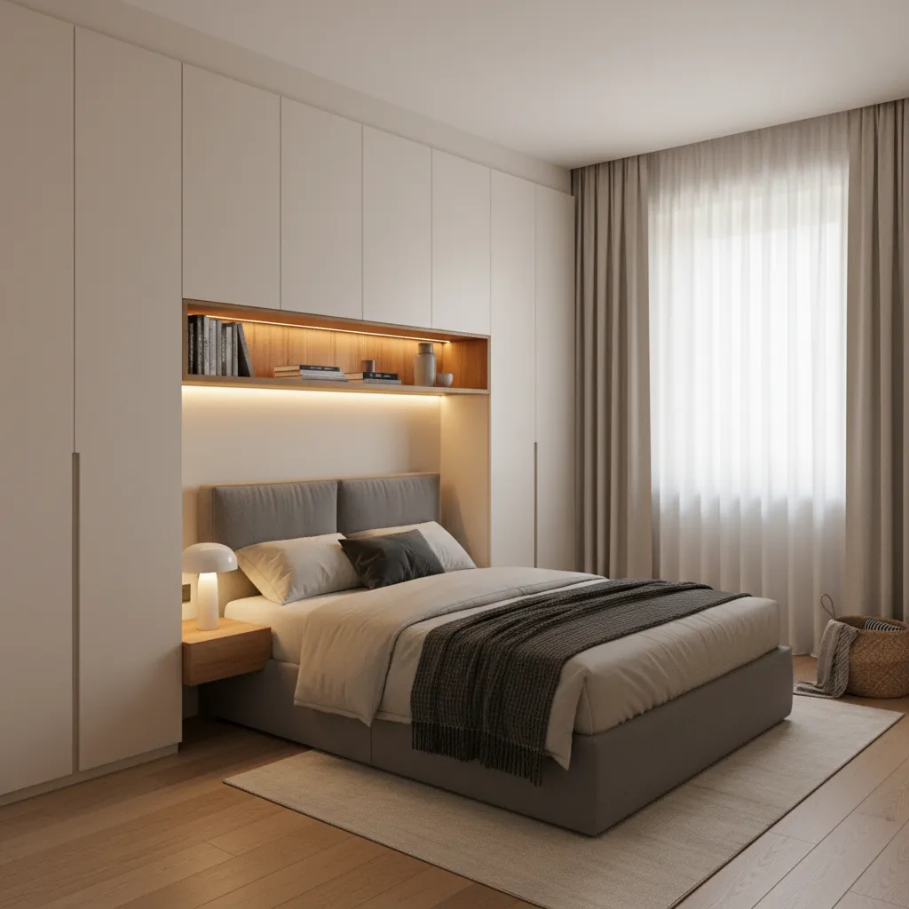 Modern minimalist bedroom with large white cabinet, wood shelf, grey bed, window, and beige curtain