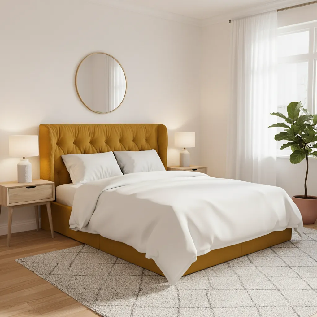 Dormitorio moderno con cabecero mostaza y ropa de cama blanca