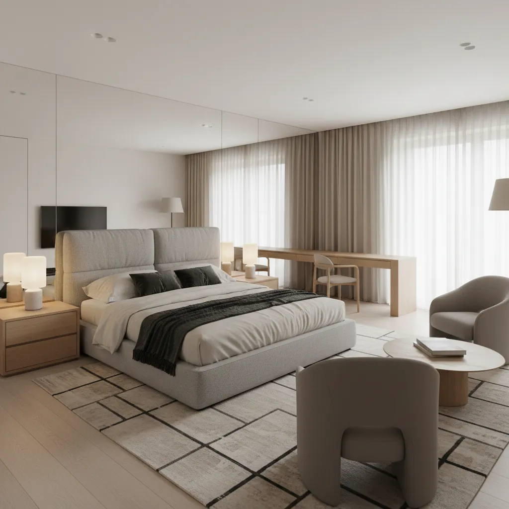 Dormitorio moderno con mobiliario bien proporcionado