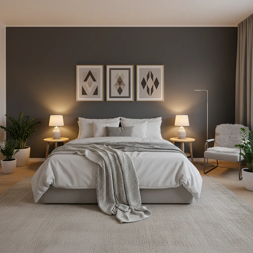 Dormitorio moderno con pared gris suave y ropa de cama blanca