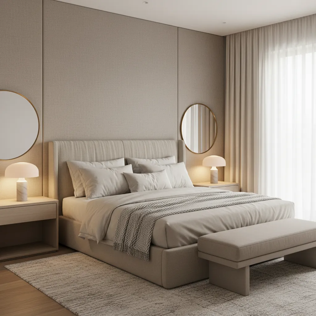 Warm grey bedroom featuring upholstered bed footrest two side tables and two round wall mirrors
