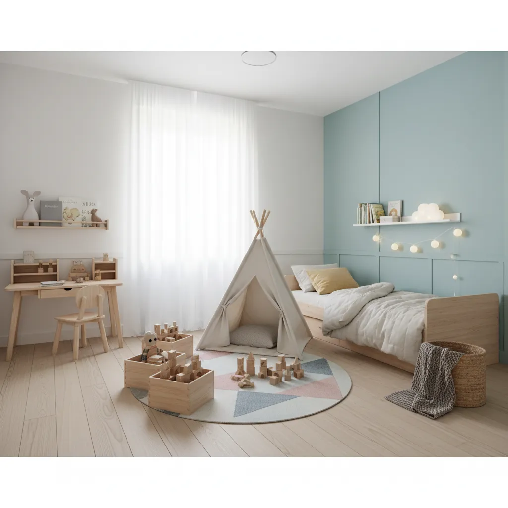 Kids bedroom with a teepee tent round rug wooden bed desk and blue wall panel