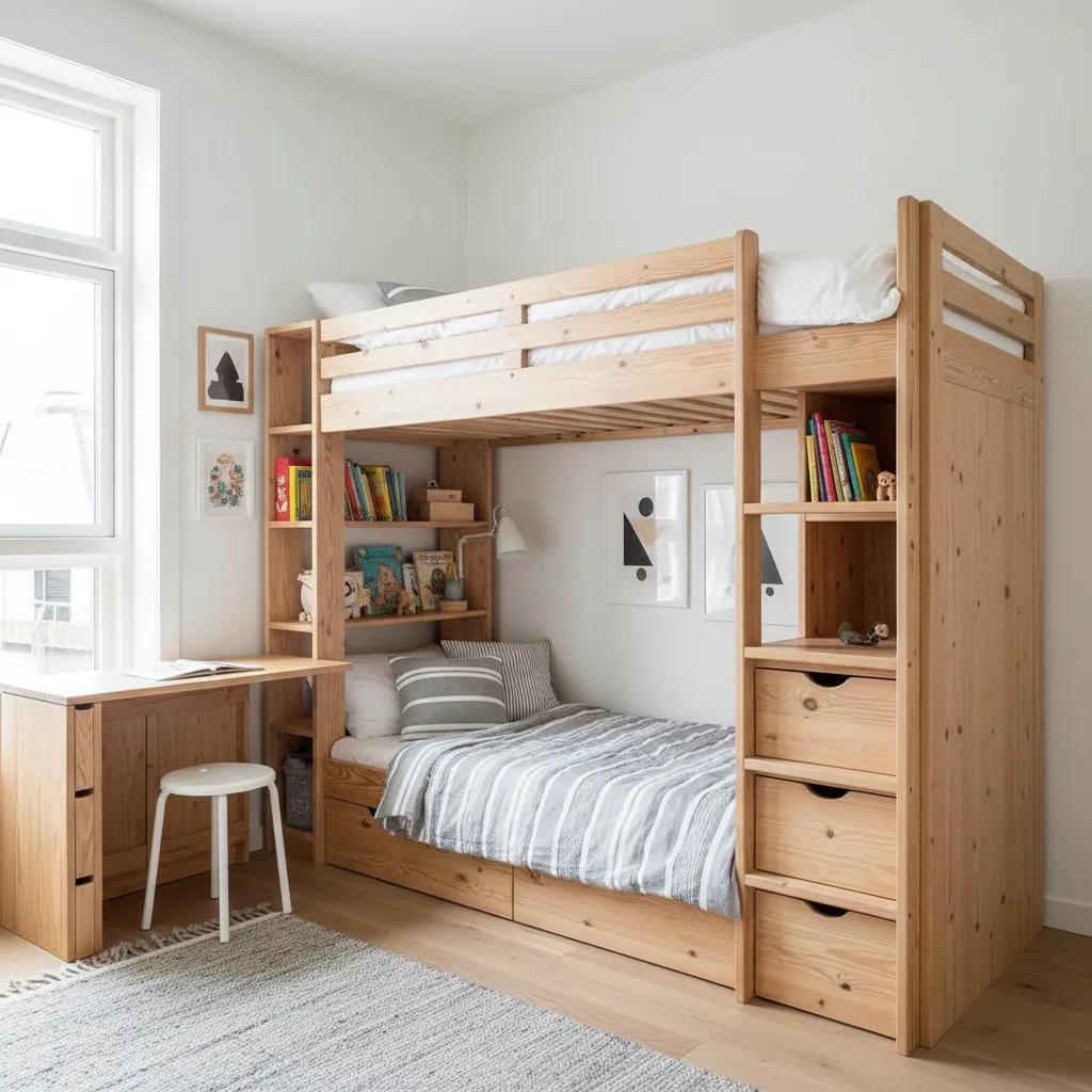 Small bedroom layout with wooden bunk bed, compact desk, shelves, and white stool on rug