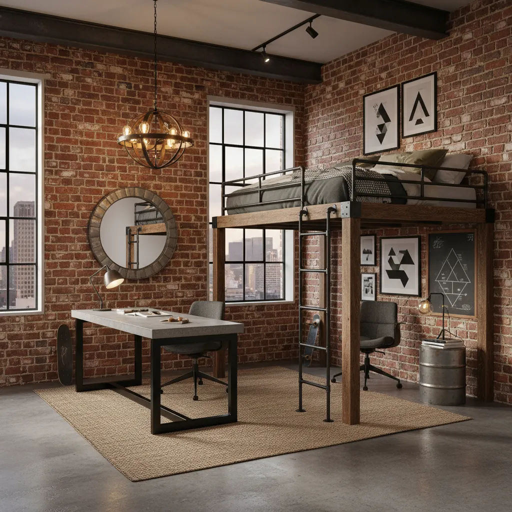 Dormitorio juvenil masculino estilo industrial con pared de ladrillo