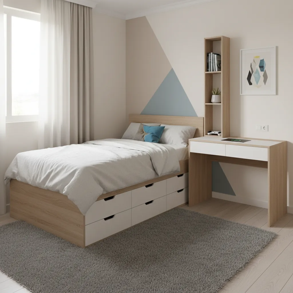 Dormitorio juvenil pequeño optimizado con cama con almacenaje
