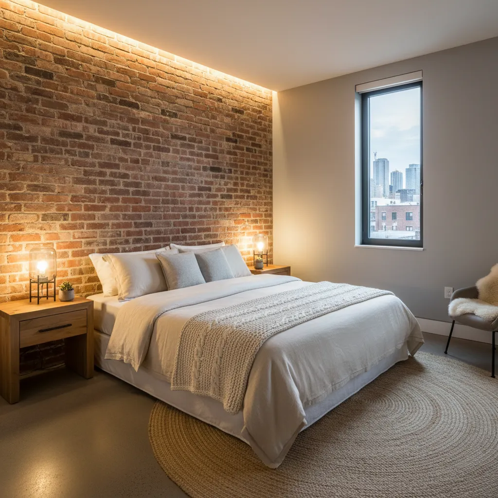 Dormitorio con pared de ladrillo detrás del cabecero