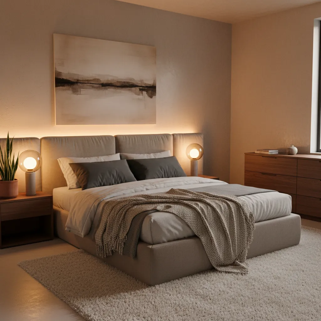 Dormitorio moderno con iluminación LED detrás del cabecero