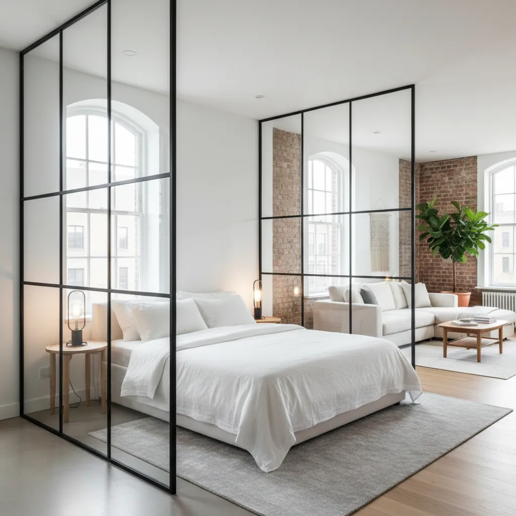 Dormitorio separado con panel de vidrio en un loft