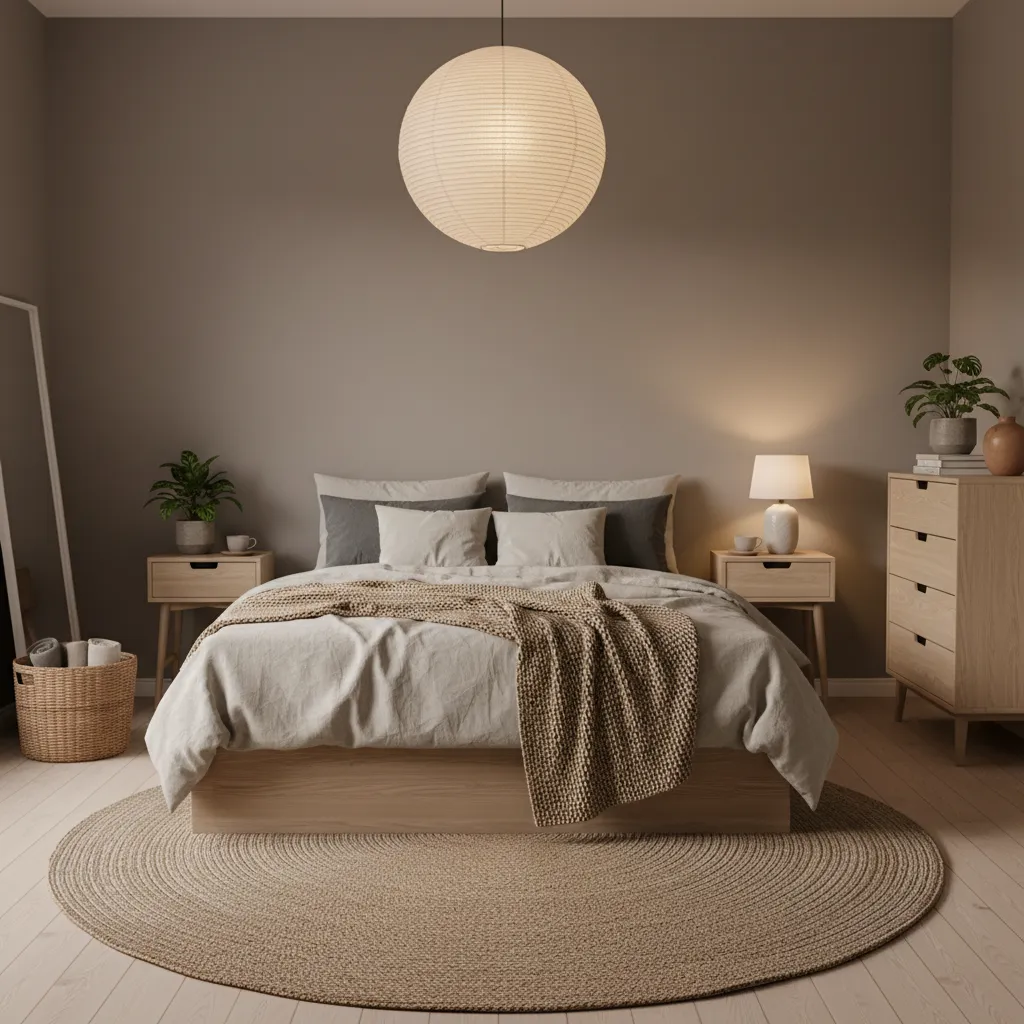 Dormitorio decorado con madera clara y textiles naturales