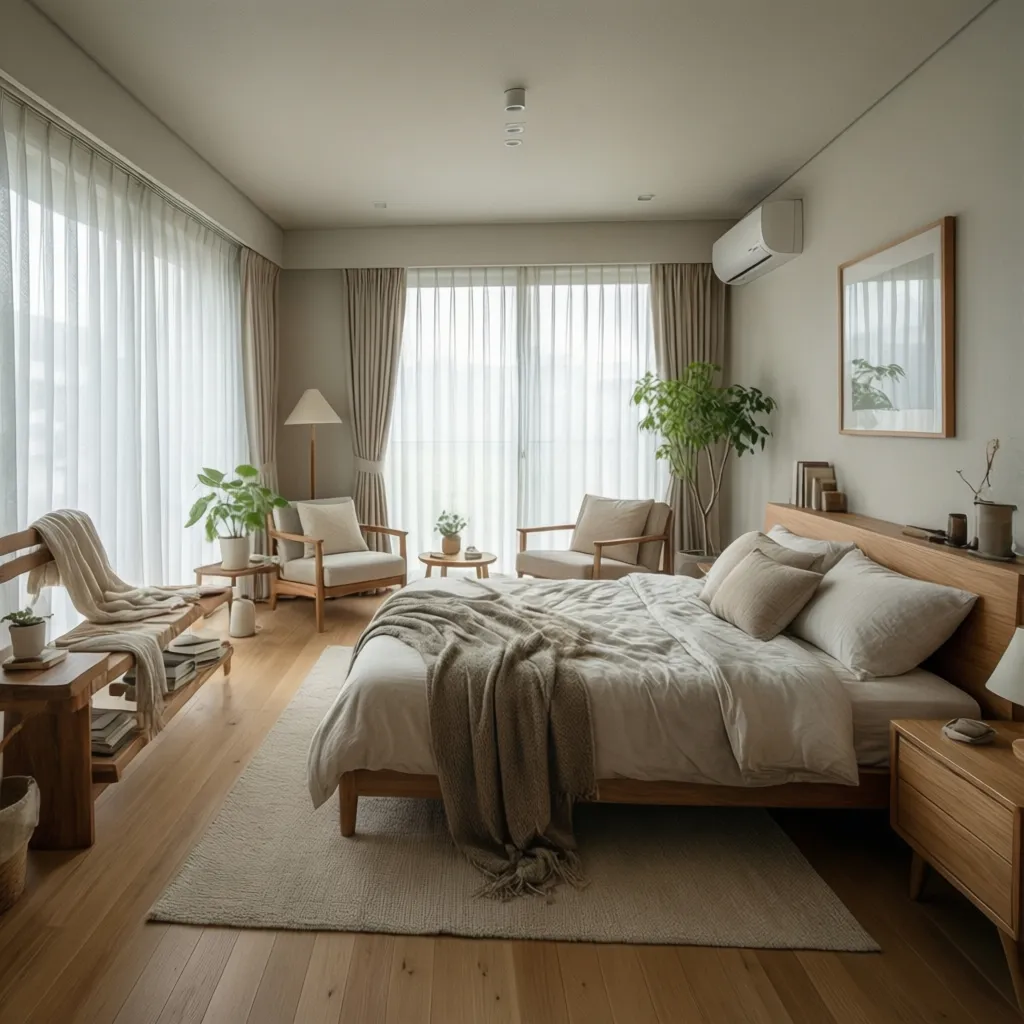 Dormitorio minimalista y luminoso en una casa moderna de 100 metros cuadrados