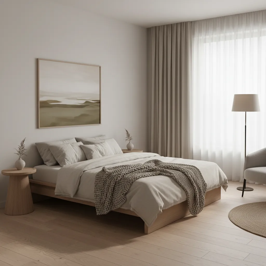 Dormitorio minimalista moderno con muebles compactos