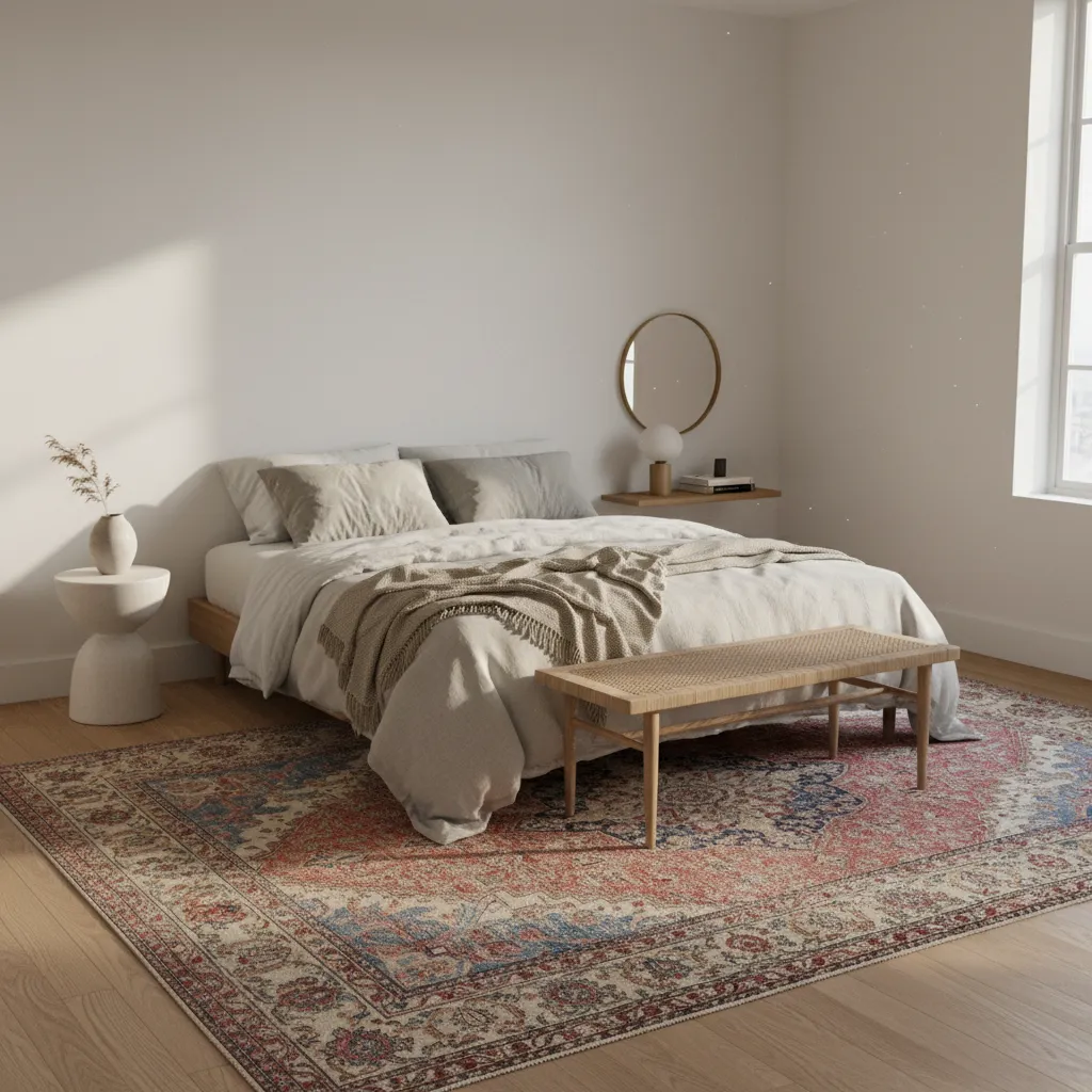 Dormitorio minimalista con alfombra vintage en tonos desgastados