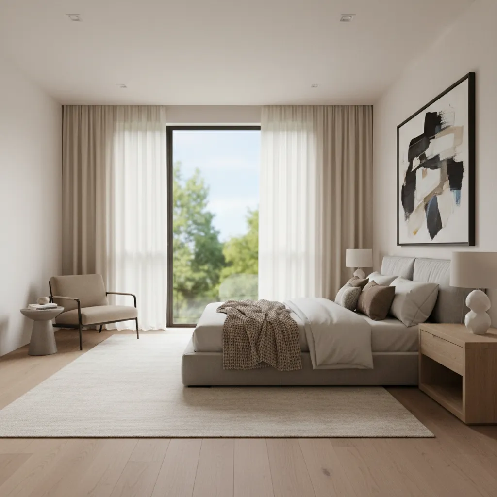 Modern minimalist bedroom with large window, white curtains, grey bed, wood floor, and wall art