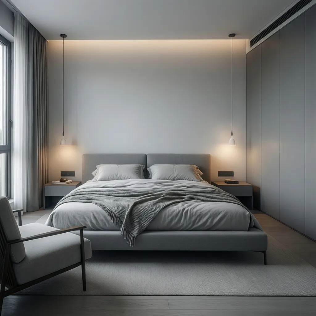 Dormitorio moderno en tonos gris claro con decoración minimalista