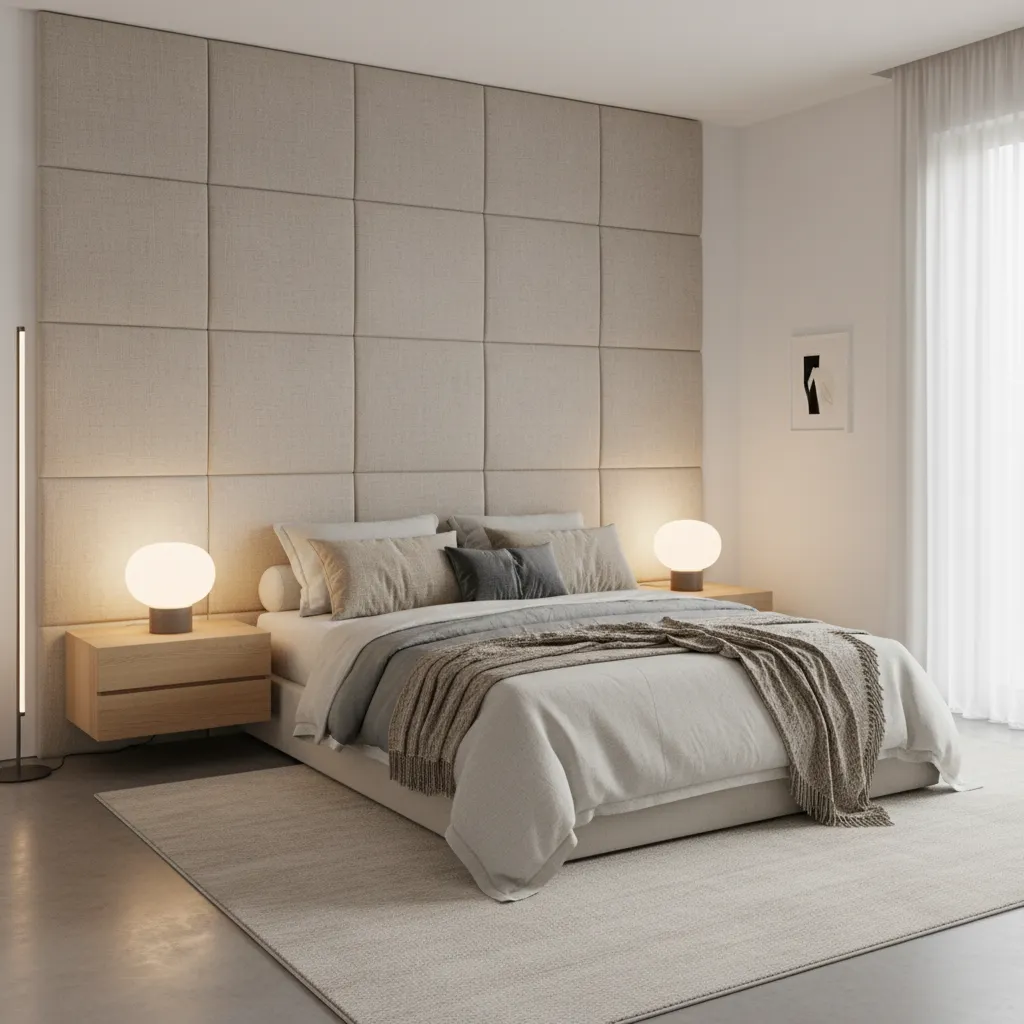 Dormitorio moderno con cabecero integrado y mesillas flotantes