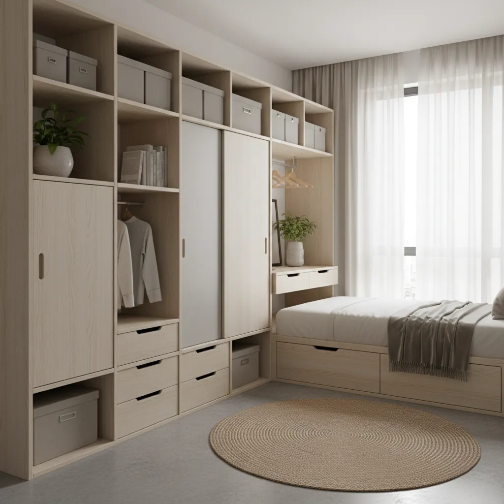 Dormitorio compacto con almacenamiento modular