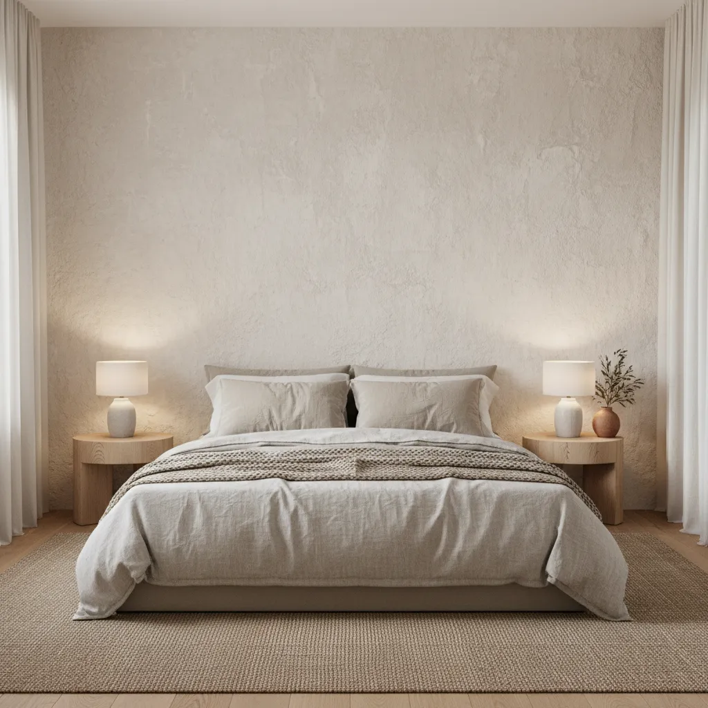 Dormitorio minimalista con cabecero frente a pared enfoscada