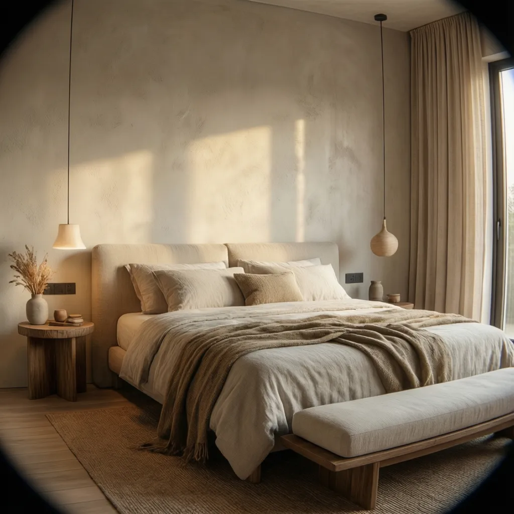 Dormitorio moderno con cabecero y pared estucada clara
