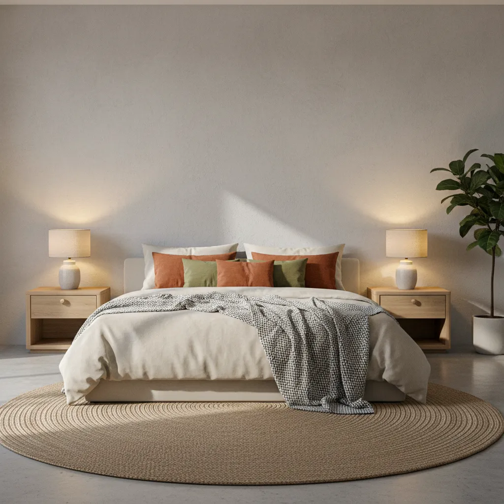 Dormitorio con pared gris claro y decoración cálida