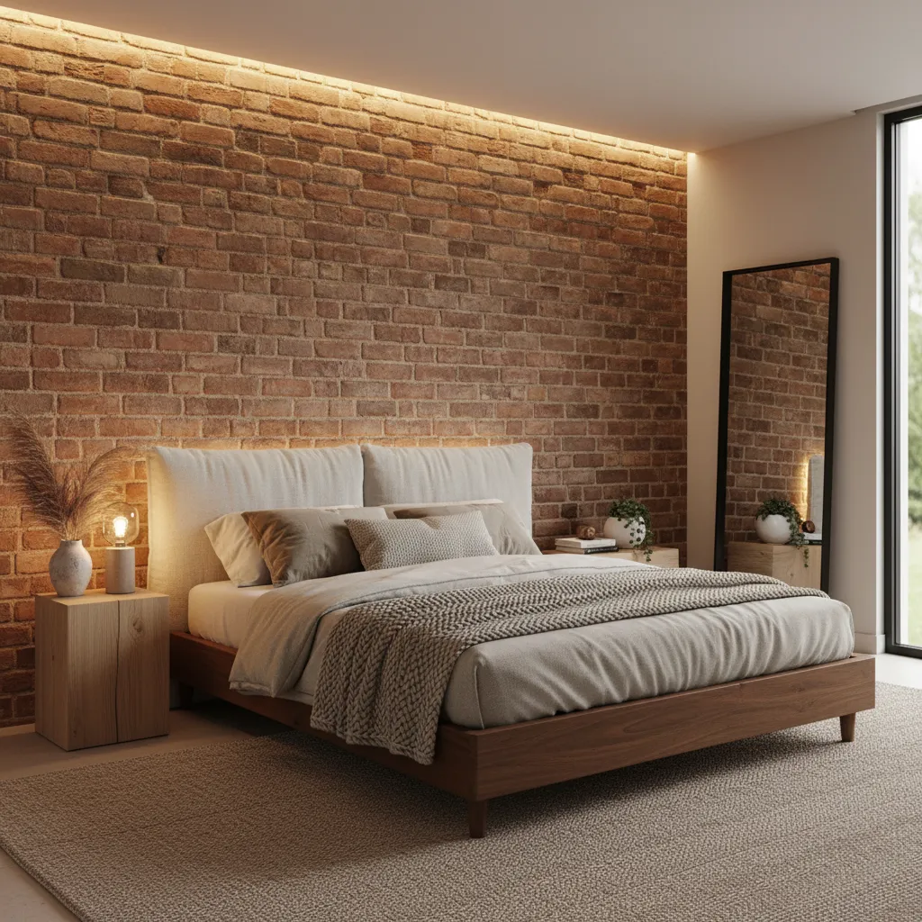 Bedroom with red brick wall, wooden bed, side table, small lamp, rug, and large mirror