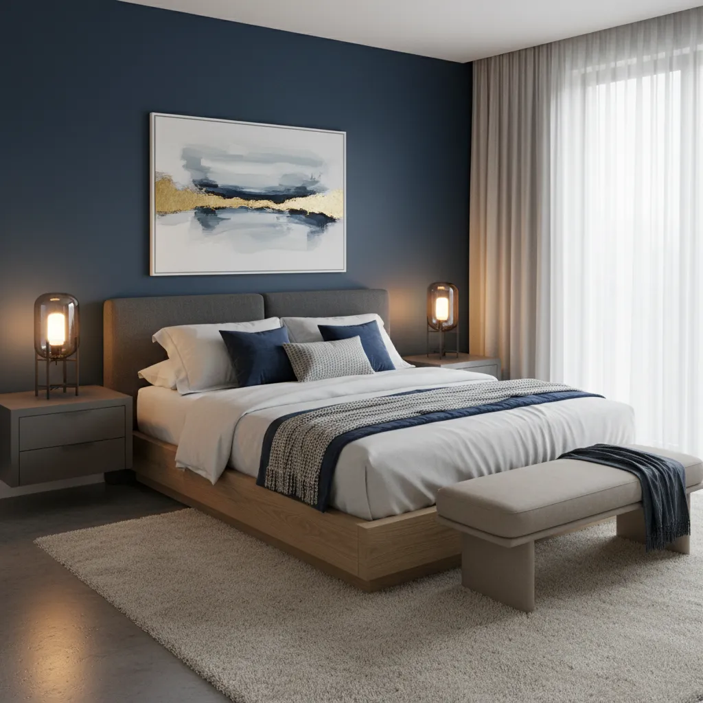 Dormitorio moderno con pared focal en color azul oscuro
