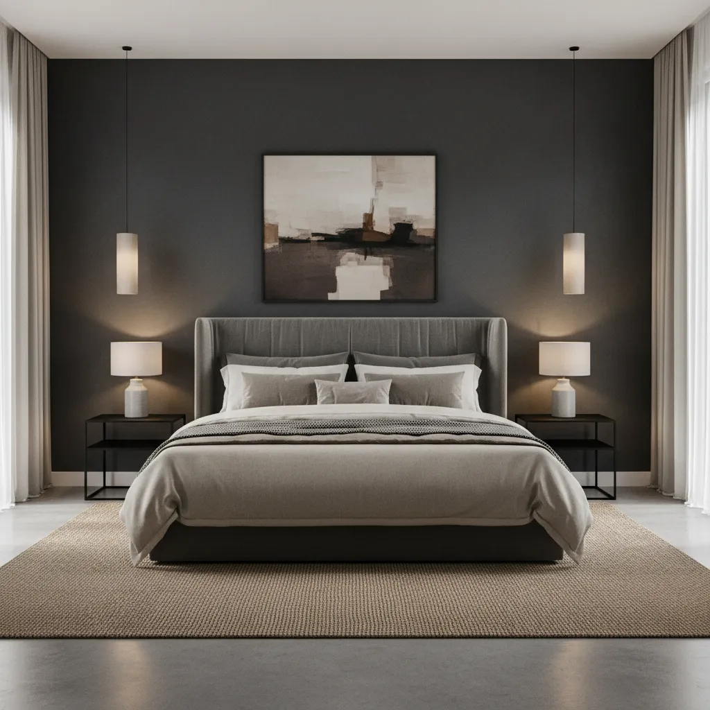 Modern bedroom with dark grey wall, upholstered bed, bedside tables, table lamps, rug, and painting