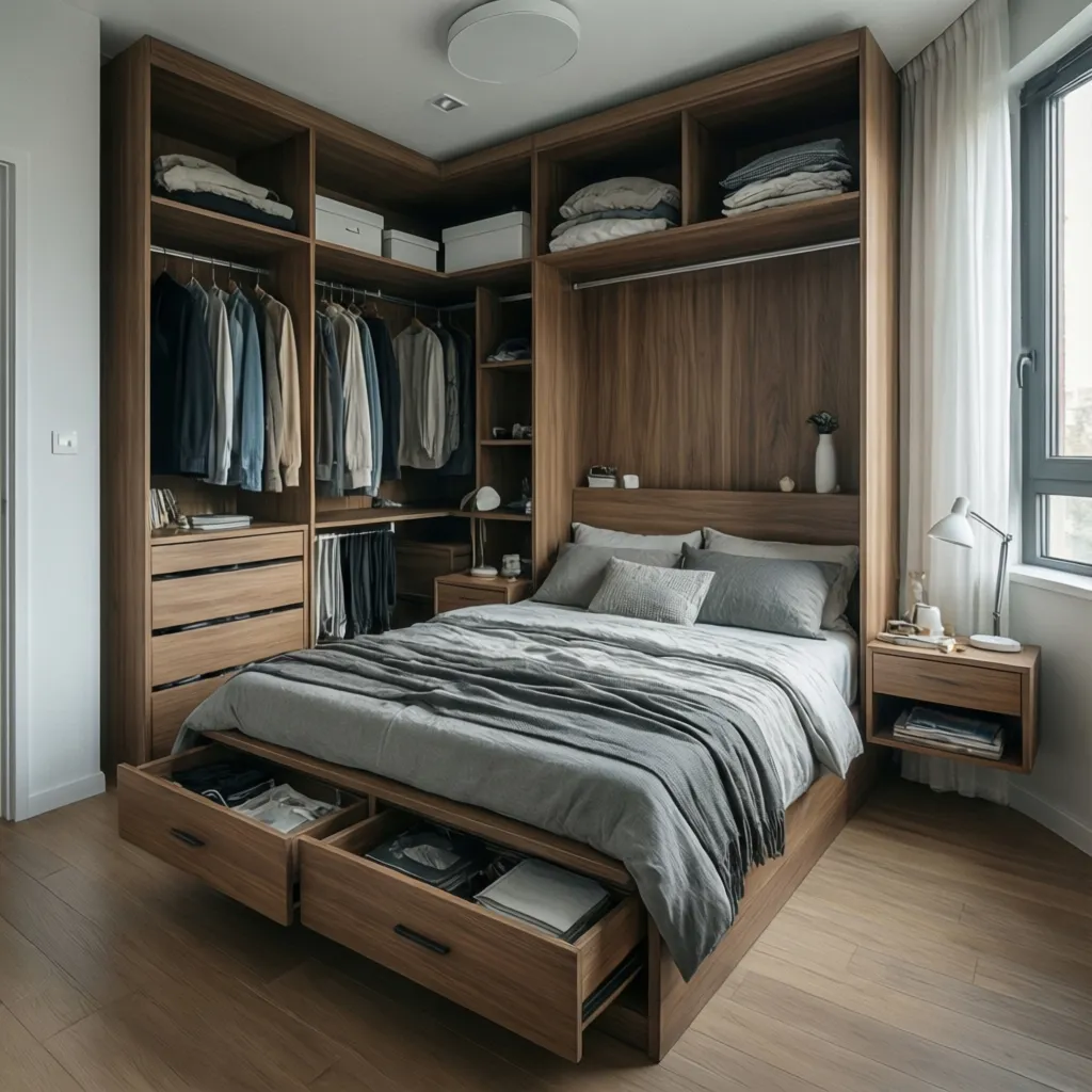 Dormitorio pequeño con cama con almacenamiento y armario empotrado