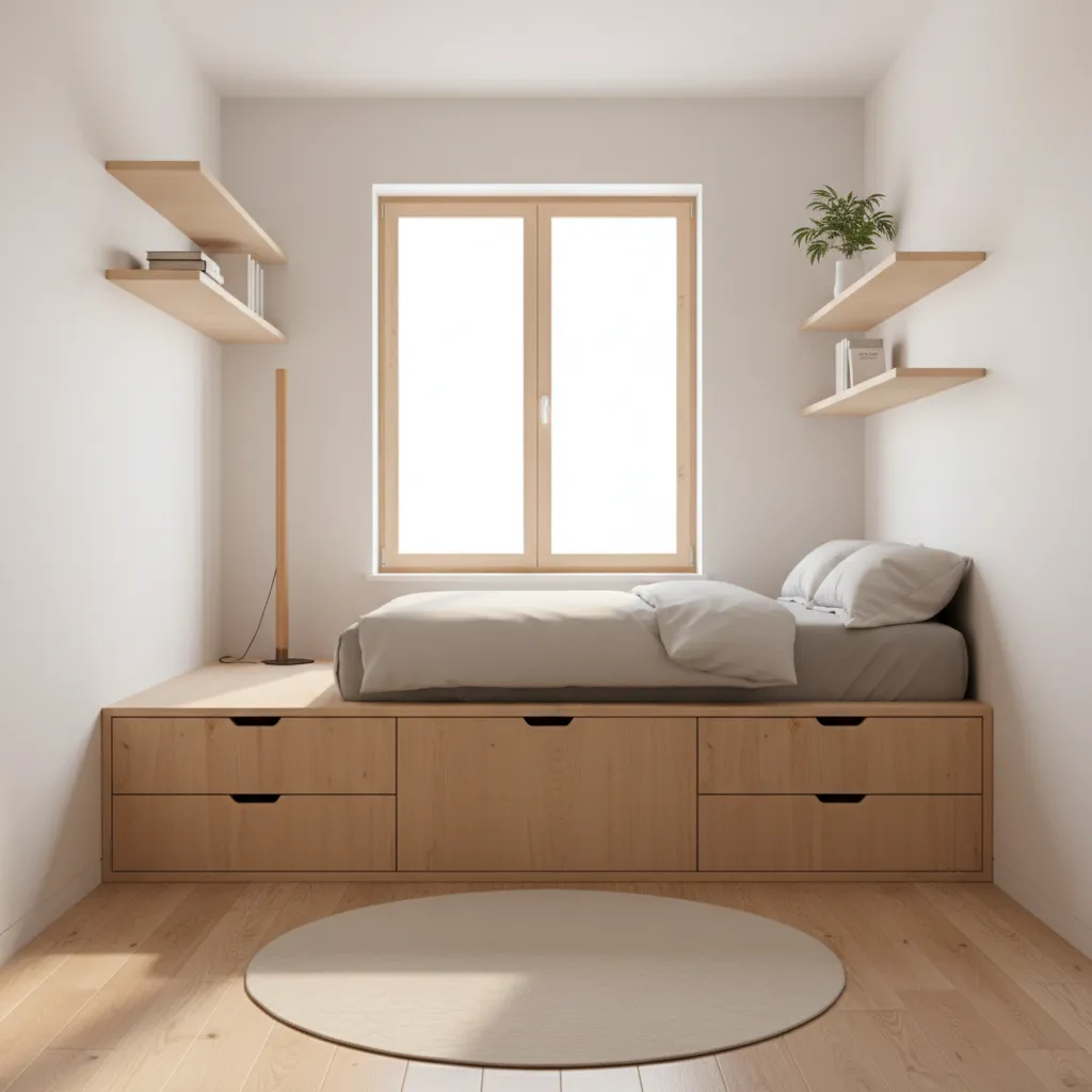 Small bedroom with bed on wooden platform storage drawers white walls window and wall shelves