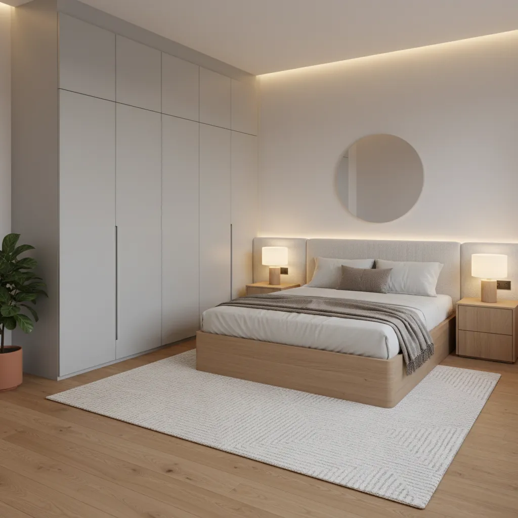 Minimalist bedroom with wooden bed, white wardrobe, round mirror, two table lamps, and white rug